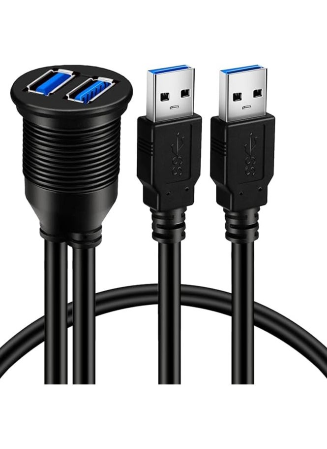 2 Ports Dual USB 3.0 Male to USB 3.0 Female AUX Flush Mount Car Mount Extension Cable for Car Truck Boat Motorcycle Dashboard Panel 1ft