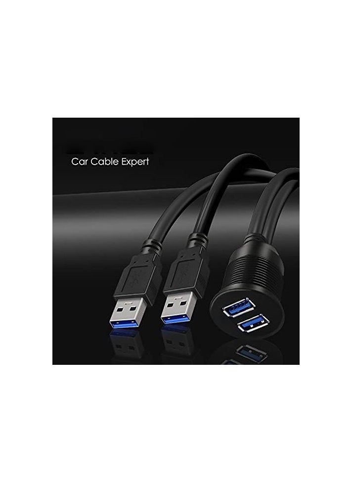 2 Ports Dual USB 3.0 Male to USB 3.0 Female AUX Flush Mount Car Mount Extension Cable for Car Truck Boat Motorcycle Dashboard Panel 1ft