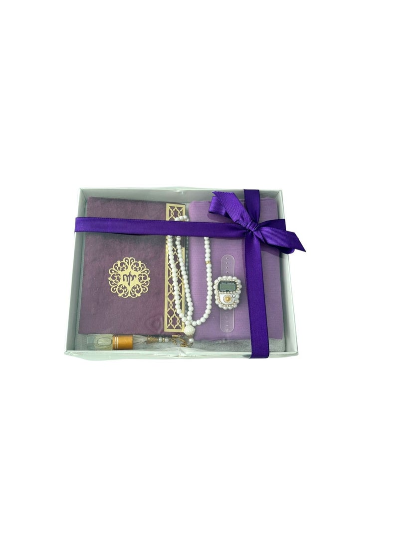 Sajadati Deluxe Muslim Prayer Gift Set – Holy Quran, Premium Salah Mat, Head Scarf, Tasbih Beads u0026 Digital Counter, Oud Oil – Elegant Purple Islamic Gift for Ramadan, Eid u0026 Special Occasions