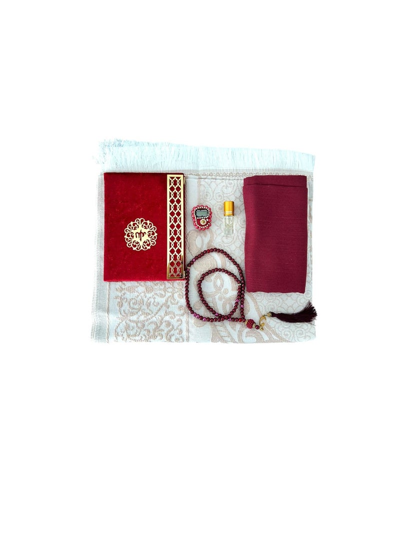 Sajadati Deluxe Muslim Prayer Gift Set – Holy Quran, Premium Salah Mat, Head Scarf, Tasbih Beads u0026 Digital Counter, Oud Oil – Elegant Maroon Islamic Gift for Ramadan, Eid u0026 Special Occasions