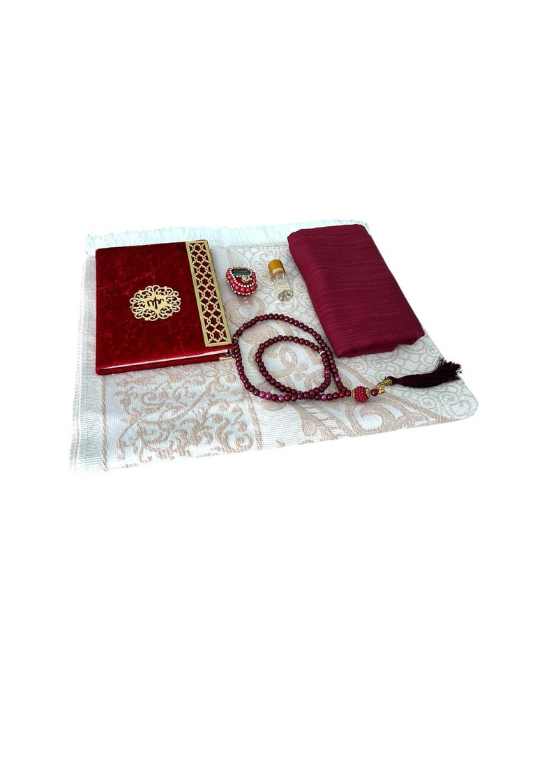 Sajadati Deluxe Muslim Prayer Gift Set – Holy Quran, Premium Salah Mat, Head Scarf, Tasbih Beads u0026 Digital Counter, Oud Oil – Elegant Maroon Islamic Gift for Ramadan, Eid u0026 Special Occasions