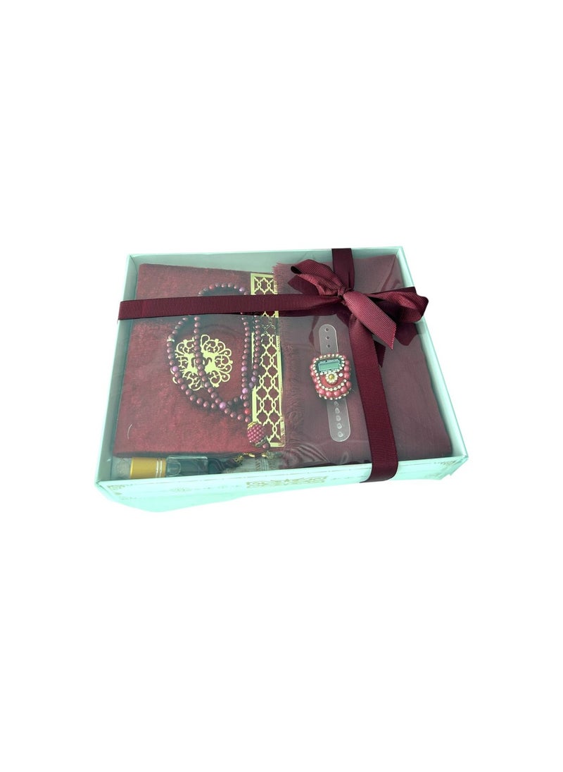 Sajadati Deluxe Muslim Prayer Gift Set – Holy Quran, Premium Salah Mat, Head Scarf, Tasbih Beads u0026 Digital Counter, Oud Oil – Elegant Maroon Islamic Gift for Ramadan, Eid u0026 Special Occasions