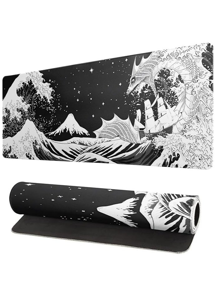 Mouse Pad, Black and White Japanese Waves Sea Dragon Gaming Mouse Pad, 80x30cm, Sea Wave Texture Non-Slip Rubber Base Wave Mousepad, Stitched Edges Keyboard Desk Pad for Office Home Game