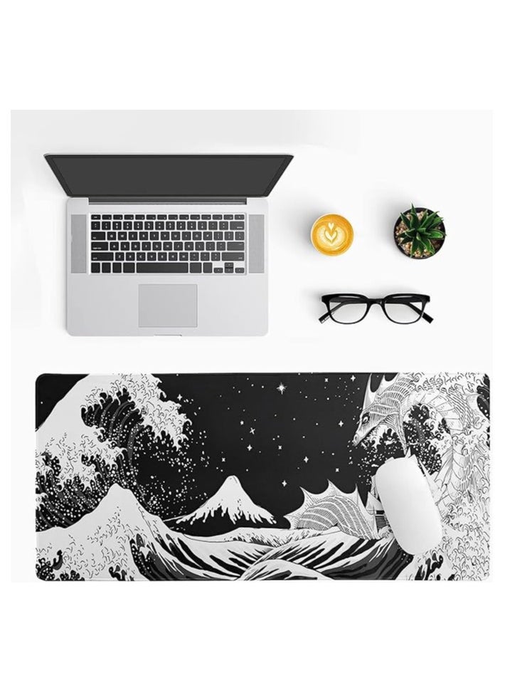 Mouse Pad, Black and White Japanese Waves Sea Dragon Gaming Mouse Pad, 80x30cm, Sea Wave Texture Non-Slip Rubber Base Wave Mousepad, Stitched Edges Keyboard Desk Pad for Office Home Game