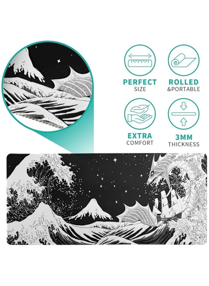 Mouse Pad, Black and White Japanese Waves Sea Dragon Gaming Mouse Pad, 80x30cm, Sea Wave Texture Non-Slip Rubber Base Wave Mousepad, Stitched Edges Keyboard Desk Pad for Office Home Game