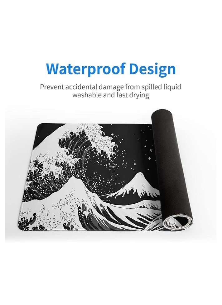 Mouse Pad, Black and White Japanese Waves Sea Dragon Gaming Mouse Pad, 80x30cm, Sea Wave Texture Non-Slip Rubber Base Wave Mousepad, Stitched Edges Keyboard Desk Pad for Office Home Game