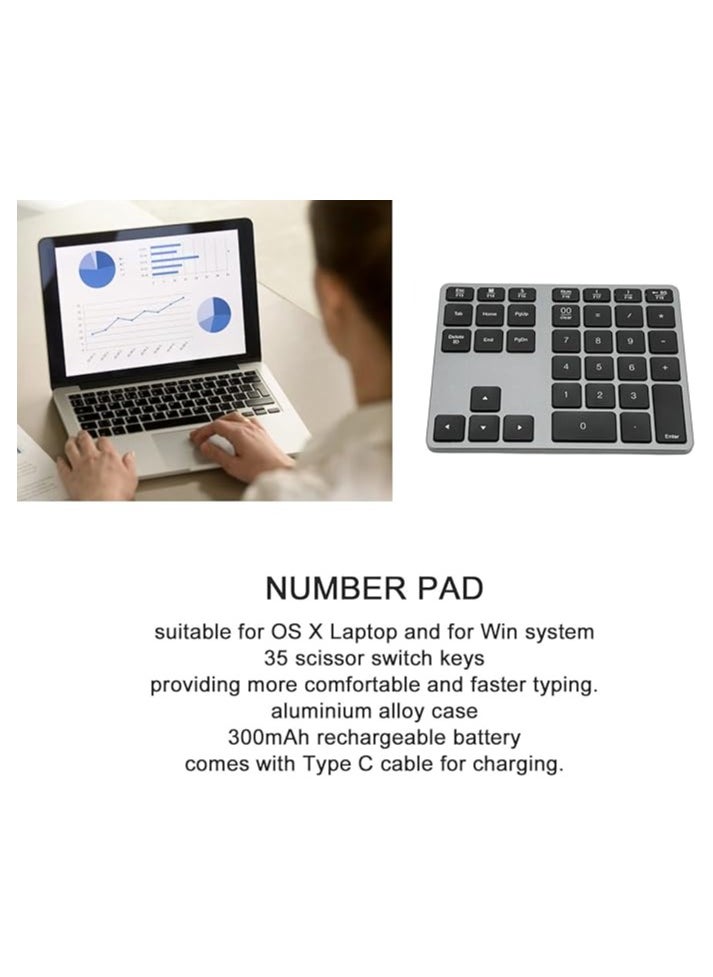 Wireless Number Pad, Bluetooth5.0 Numeric Keypad 35 Keys Scissor Switch Type C Mini Numpad for OS X Laptop and for Win System