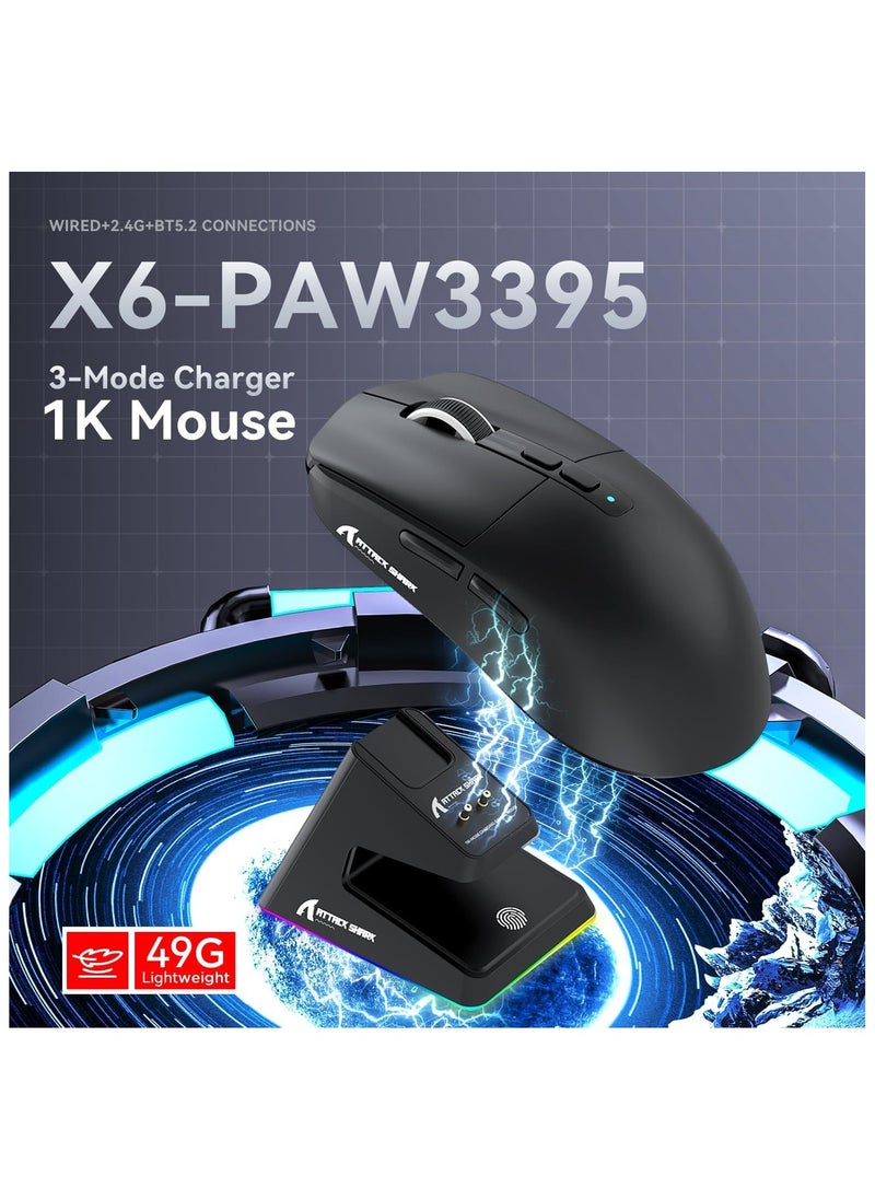 ATTACK SHARK X6 Lightweight Wireless Gaming Mouse with RGB Backlight Charging Base,Tri-Mode Wired/2.4GHz/BT5.2,26K DPI, PAW3395 Optical Sensor,HUANO Switch,5programmable Buttons,PC/Mac(Black)