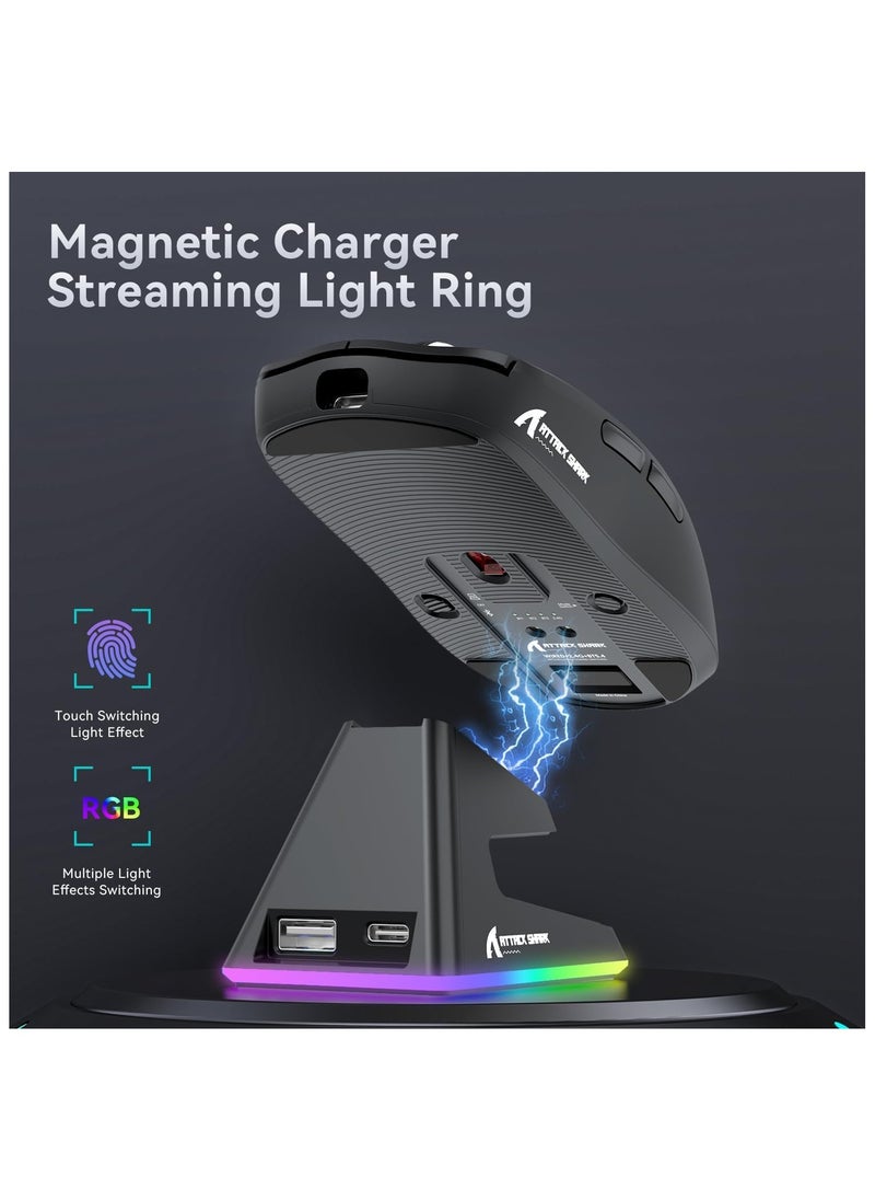 ATTACK SHARK X6 Lightweight Wireless Gaming Mouse with RGB Backlight Charging Base,Tri-Mode Wired/2.4GHz/BT5.2,26K DPI, PAW3395 Optical Sensor,HUANO Switch,5programmable Buttons,PC/Mac(Black)