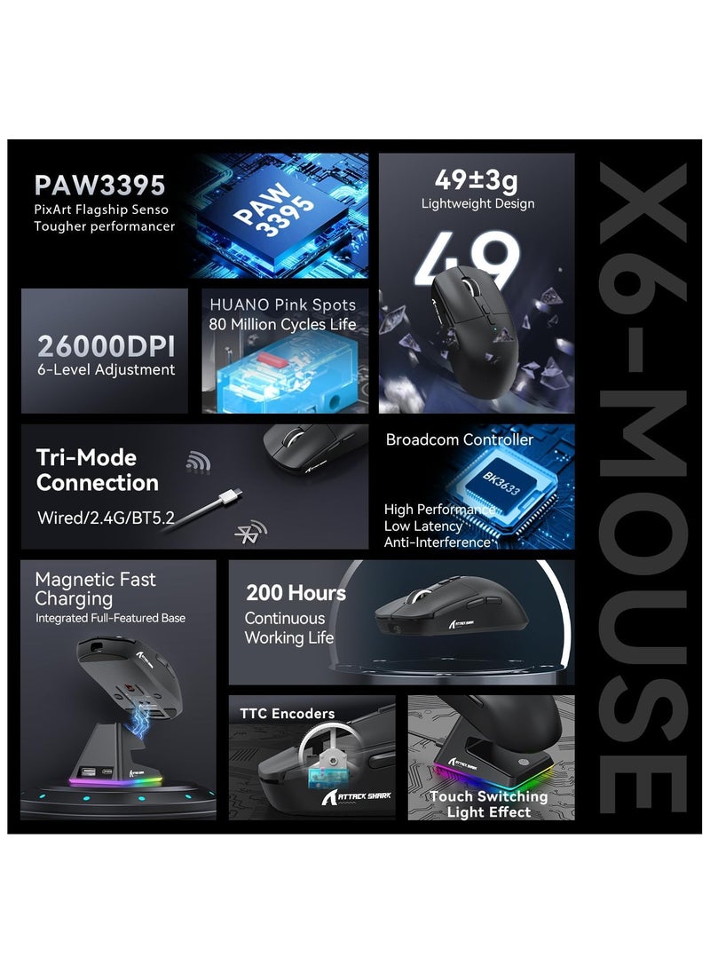 ATTACK SHARK X6 Lightweight Wireless Gaming Mouse with RGB Backlight Charging Base,Tri-Mode Wired/2.4GHz/BT5.2,26K DPI, PAW3395 Optical Sensor,HUANO Switch,5programmable Buttons,PC/Mac(Black)