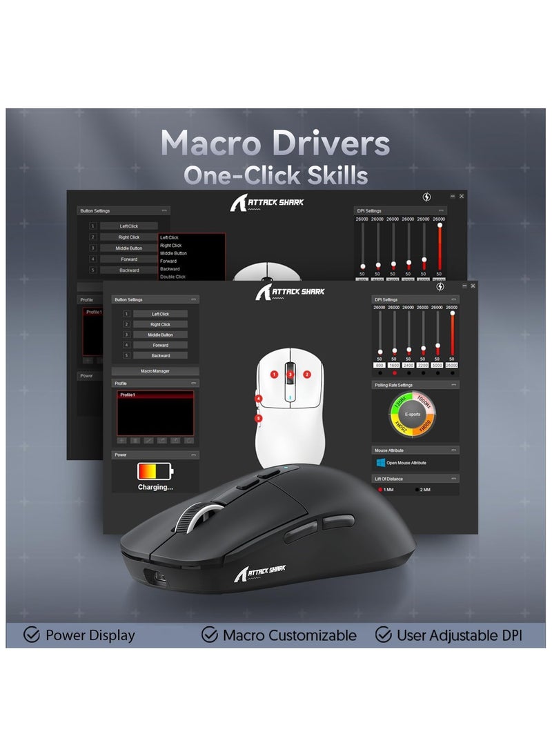 ATTACK SHARK X6 Lightweight Wireless Gaming Mouse with RGB Backlight Charging Base,Tri-Mode Wired/2.4GHz/BT5.2,26K DPI, PAW3395 Optical Sensor,HUANO Switch,5programmable Buttons,PC/Mac(Black)