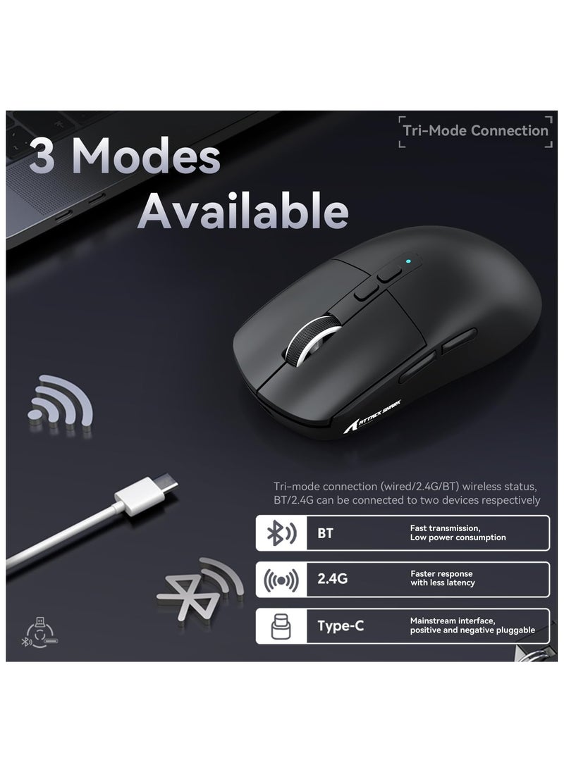 ATTACK SHARK X6 Lightweight Wireless Gaming Mouse with RGB Backlight Charging Base,Tri-Mode Wired/2.4GHz/BT5.2,26K DPI, PAW3395 Optical Sensor,HUANO Switch,5programmable Buttons,PC/Mac(Black)