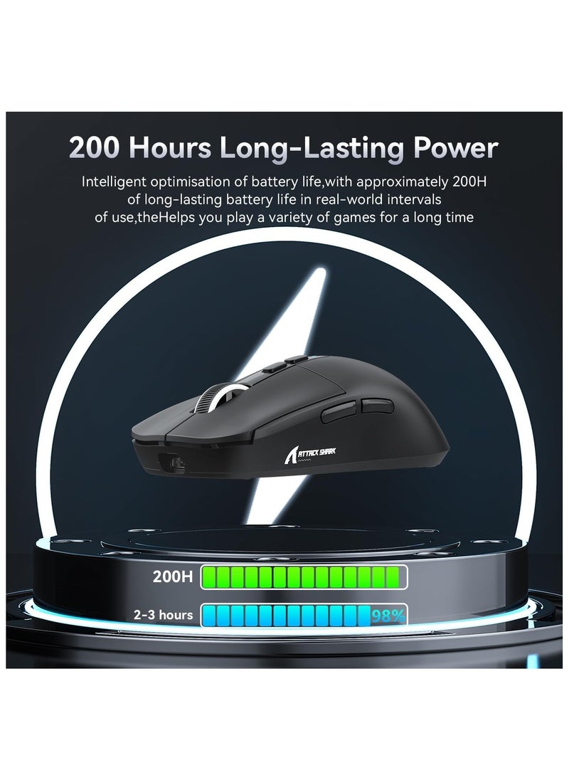 ATTACK SHARK X6 Lightweight Wireless Gaming Mouse with RGB Backlight Charging Base,Tri-Mode Wired/2.4GHz/BT5.2,26K DPI, PAW3395 Optical Sensor,HUANO Switch,5programmable Buttons,PC/Mac(Black)