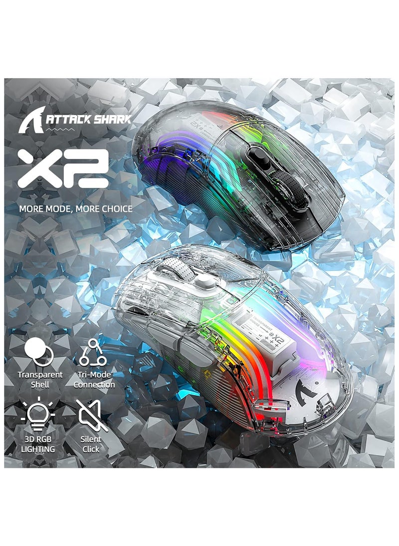 X2 Wireless Gaming Mouse, Tri-Mode Wireless Mouse-2.4Ghz/Bluetooth 5.0/USB C Wired, Ergonomic PC Gaming Mice with Transparent Shell-PixArt 3212-RGB Backlit-Silent Click for Win/MAC, White