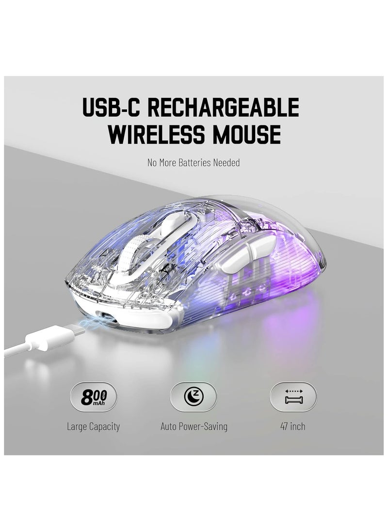 X2 Wireless Gaming Mouse, Tri-Mode Wireless Mouse-2.4Ghz/Bluetooth 5.0/USB C Wired, Ergonomic PC Gaming Mice with Transparent Shell-PixArt 3212-RGB Backlit-Silent Click for Win/MAC, White