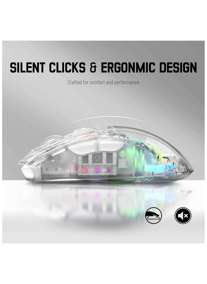 X2 Wireless Gaming Mouse, Tri-Mode Wireless Mouse-2.4Ghz/Bluetooth 5.0/USB C Wired, Ergonomic PC Gaming Mice with Transparent Shell-PixArt 3212-RGB Backlit-Silent Click for Win/MAC, White