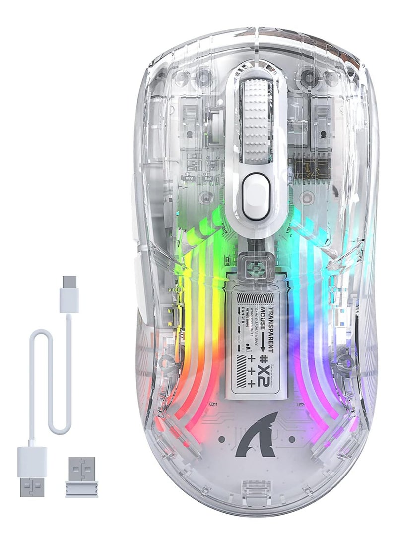 X2 Wireless Gaming Mouse, Tri-Mode Wireless Mouse-2.4Ghz/Bluetooth 5.0/USB C Wired, Ergonomic PC Gaming Mice with Transparent Shell-PixArt 3212-RGB Backlit-Silent Click for Win/MAC, White