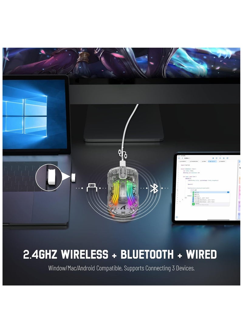 X2 Wireless Gaming Mouse, Tri-Mode Wireless Mouse-2.4Ghz/Bluetooth 5.0/USB C Wired, Ergonomic PC Gaming Mice with Transparent Shell-PixArt 3212-RGB Backlit-Silent Click for Win/MAC, White