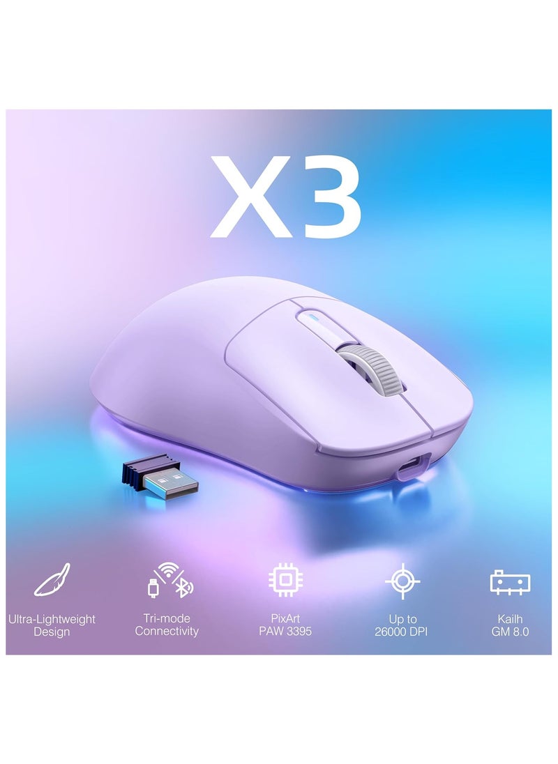 X3 Lightweight Wireless Gaming Mouse with Tri-Mode 2.4G/USB-C Wired/Bluetooth,Up to 26K DPI, PAW3395 Optical Sensor,Kailh GM8.0 Switch,5 programmable Buttons for PC/Win/Mac(Purple)