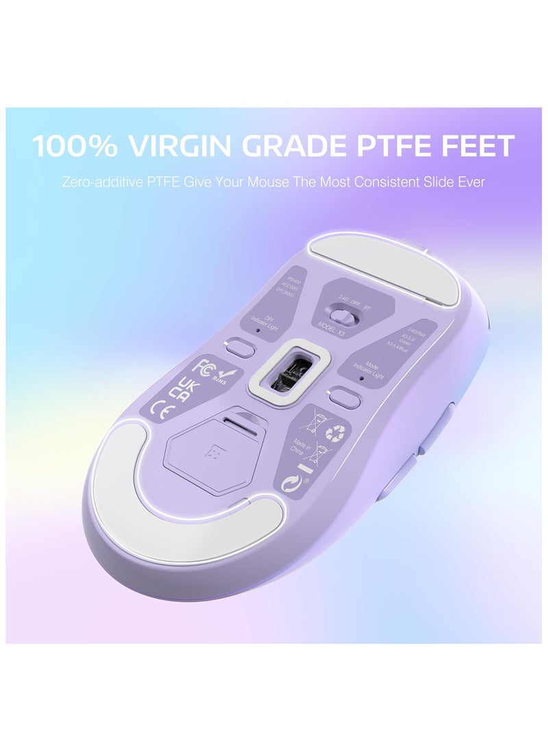X3 Lightweight Wireless Gaming Mouse with Tri-Mode 2.4G/USB-C Wired/Bluetooth,Up to 26K DPI, PAW3395 Optical Sensor,Kailh GM8.0 Switch,5 programmable Buttons for PC/Win/Mac(Purple)