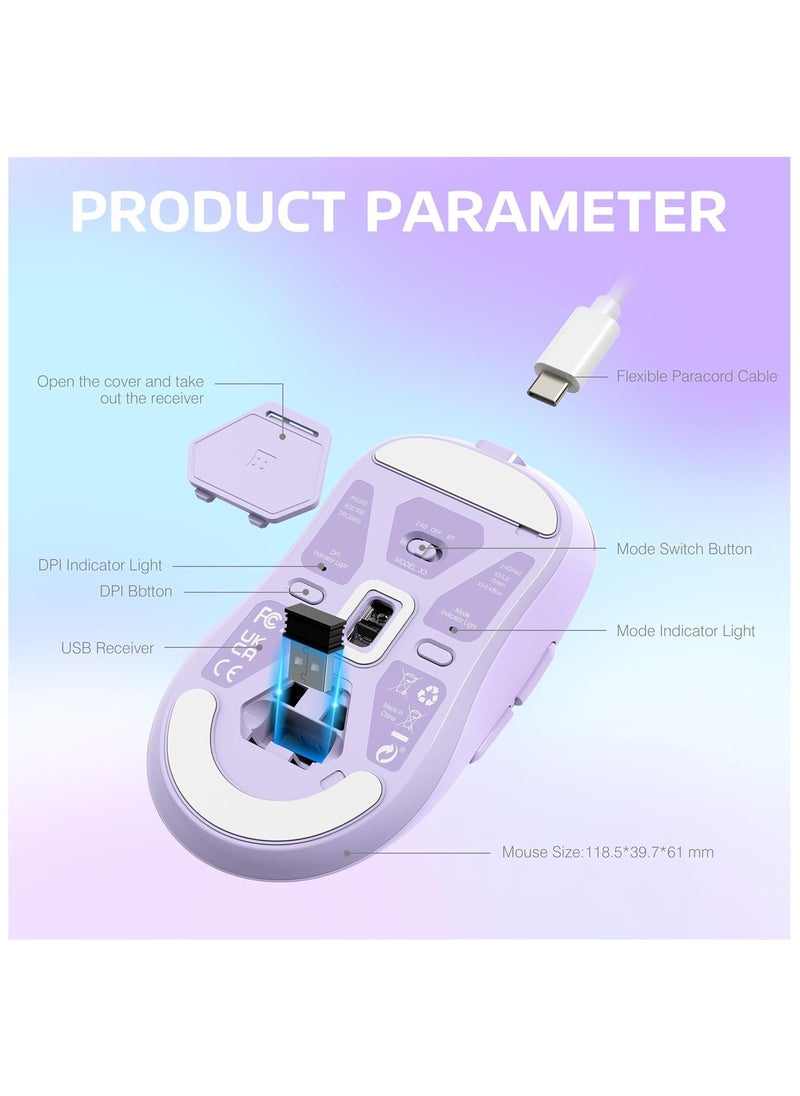 X3 Lightweight Wireless Gaming Mouse with Tri-Mode 2.4G/USB-C Wired/Bluetooth,Up to 26K DPI, PAW3395 Optical Sensor,Kailh GM8.0 Switch,5 programmable Buttons for PC/Win/Mac(Purple)