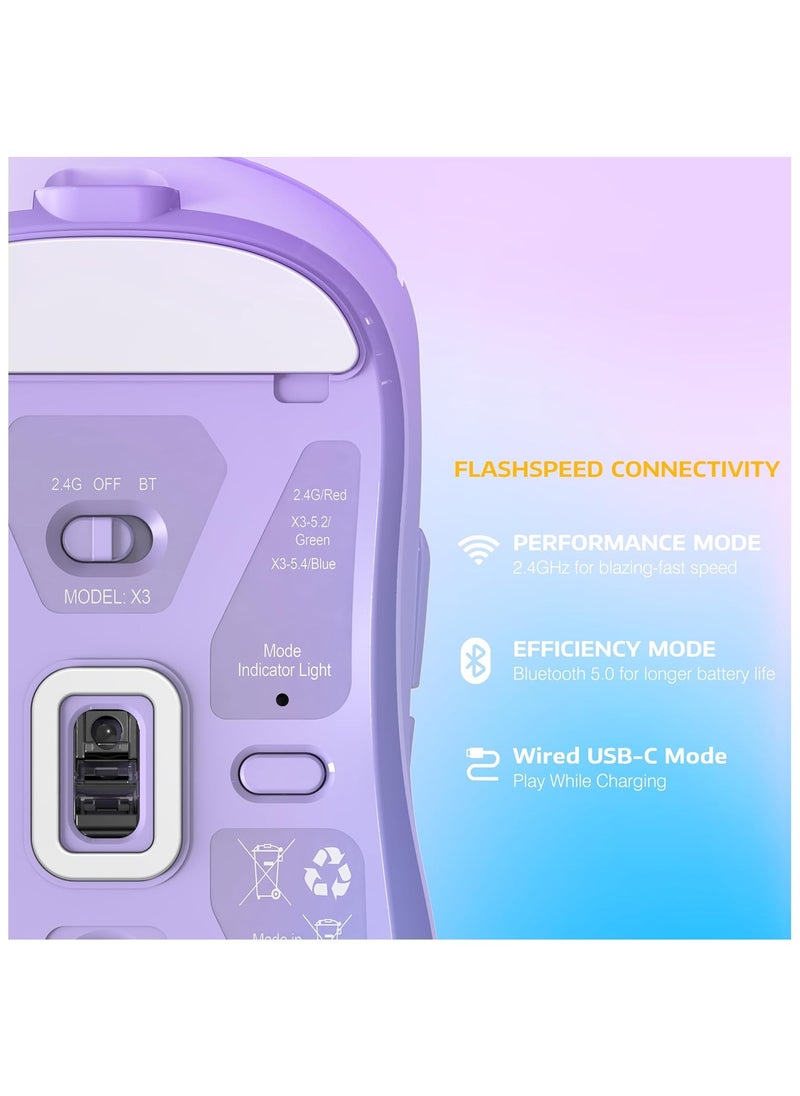 X3 Lightweight Wireless Gaming Mouse with Tri-Mode 2.4G/USB-C Wired/Bluetooth,Up to 26K DPI, PAW3395 Optical Sensor,Kailh GM8.0 Switch,5 programmable Buttons for PC/Win/Mac(Purple)
