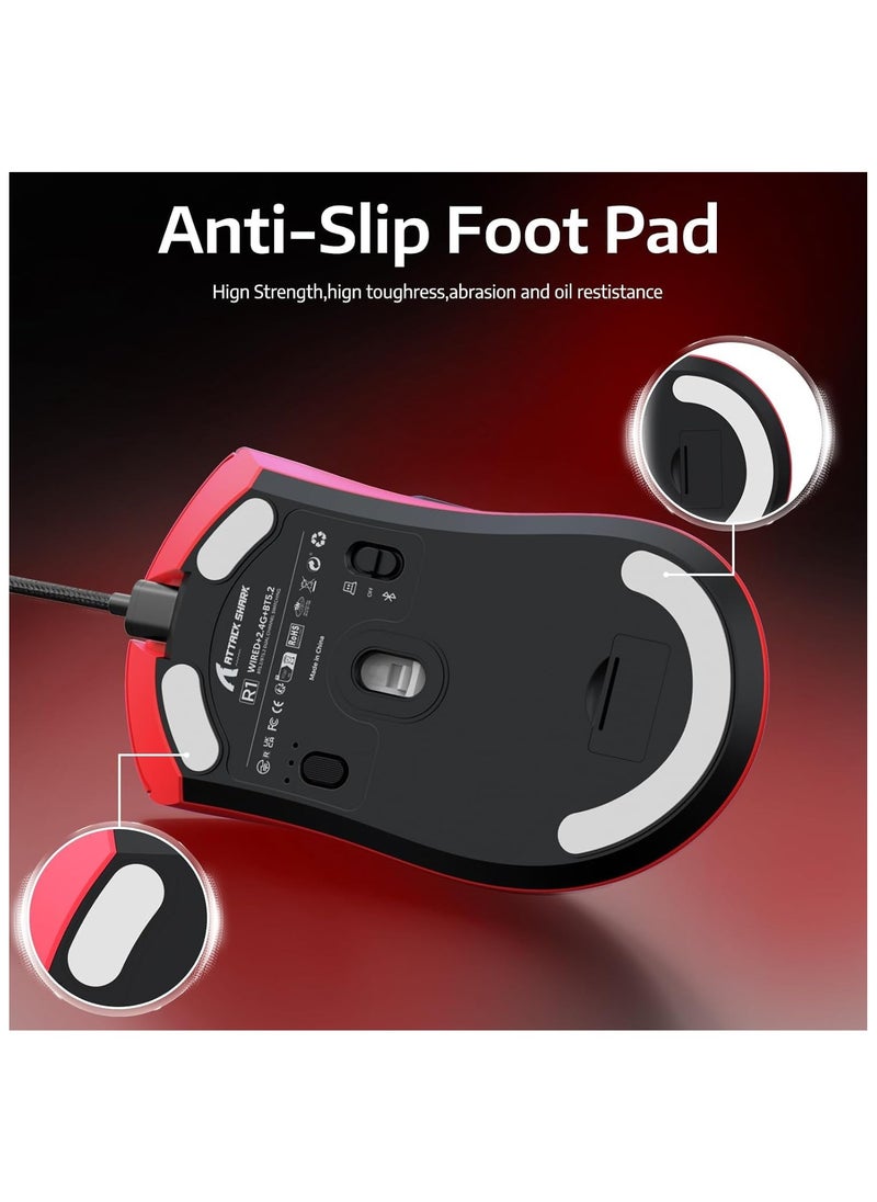 ATTACK SHARK R1 Wireless Gaming Mouse,Tri-Mode Connection (2.4G/Wired/BT5.2),55g Lightweight,18K DPI Optical Sensor,HUYU 20 Million Key Life,Ergonomic Design,for PC/Laptop/Win/Mac(Red)