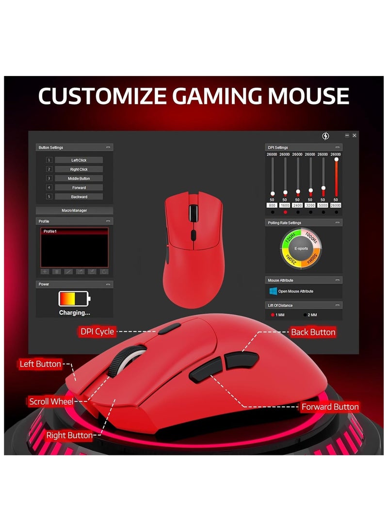 ATTACK SHARK R1 Wireless Gaming Mouse,Tri-Mode Connection (2.4G/Wired/BT5.2),55g Lightweight,18K DPI Optical Sensor,HUYU 20 Million Key Life,Ergonomic Design,for PC/Laptop/Win/Mac(Red)