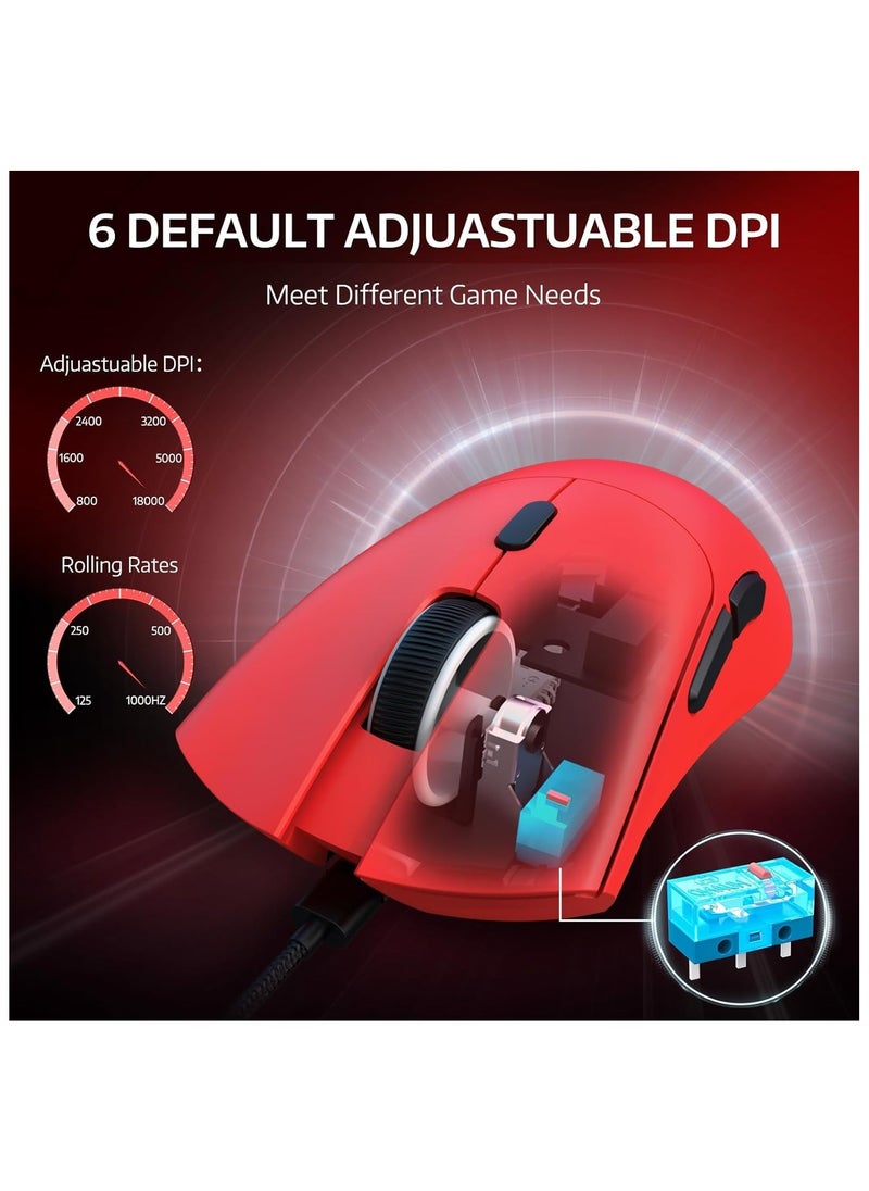 ATTACK SHARK R1 Wireless Gaming Mouse,Tri-Mode Connection (2.4G/Wired/BT5.2),55g Lightweight,18K DPI Optical Sensor,HUYU 20 Million Key Life,Ergonomic Design,for PC/Laptop/Win/Mac(Red)