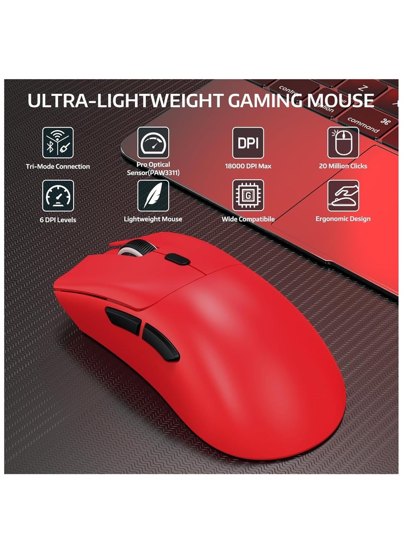 ATTACK SHARK R1 Wireless Gaming Mouse,Tri-Mode Connection (2.4G/Wired/BT5.2),55g Lightweight,18K DPI Optical Sensor,HUYU 20 Million Key Life,Ergonomic Design,for PC/Laptop/Win/Mac(Red)