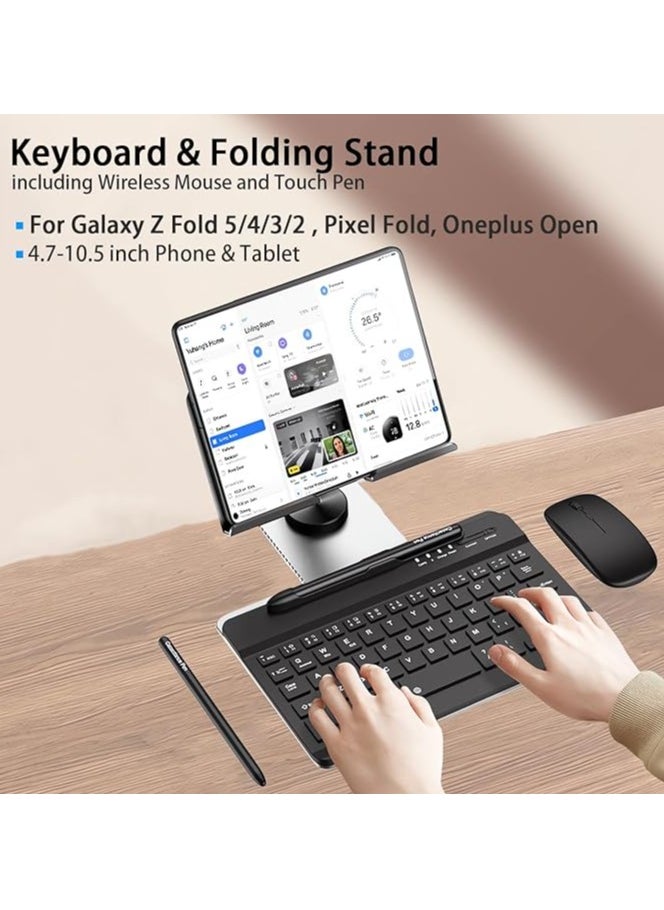 Galaxy Z Fold 5/4/3/2, Set Include Mini Wireless Bluetooth Keyboard, Mouse, Comfortable & Adjustable Phone Stand, Capacitance Pen, and S Pen Holder [Easy to Carry] (Silver)