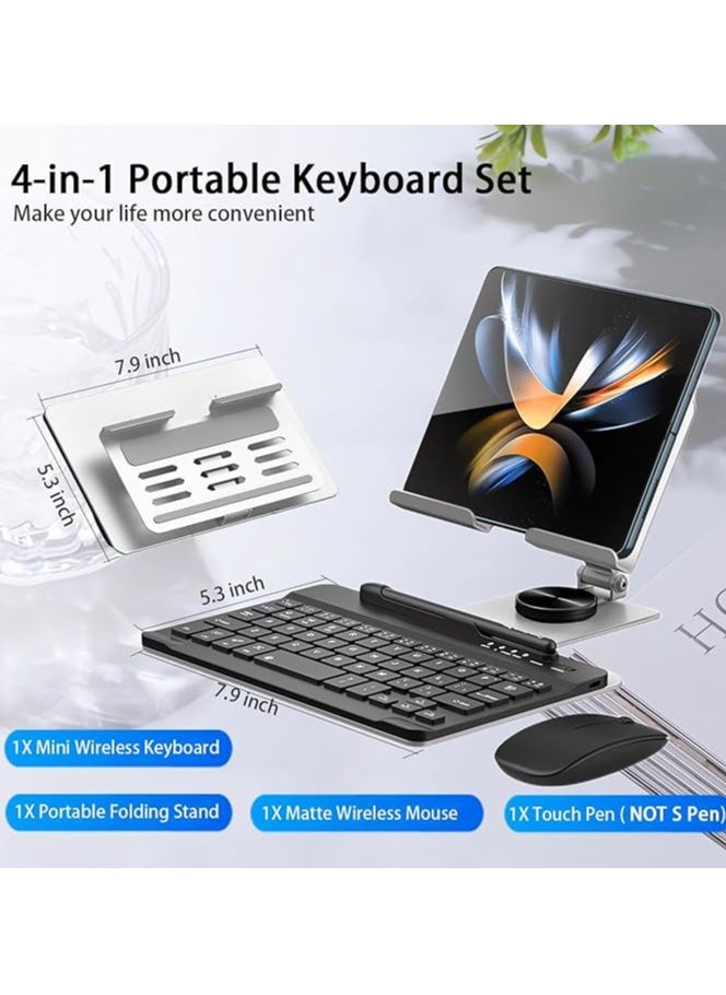 Galaxy Z Fold 5/4/3/2, Set Include Mini Wireless Bluetooth Keyboard, Mouse, Comfortable & Adjustable Phone Stand, Capacitance Pen, and S Pen Holder [Easy to Carry] (Silver)