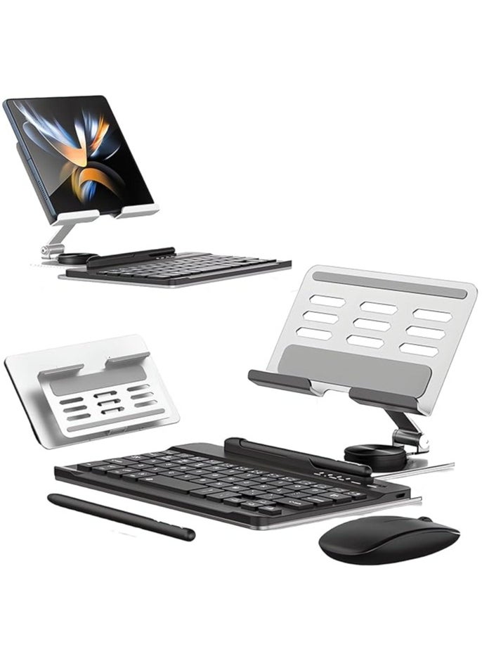 Galaxy Z Fold 5/4/3/2, Set Include Mini Wireless Bluetooth Keyboard, Mouse, Comfortable & Adjustable Phone Stand, Capacitance Pen, and S Pen Holder [Easy to Carry] (Silver)