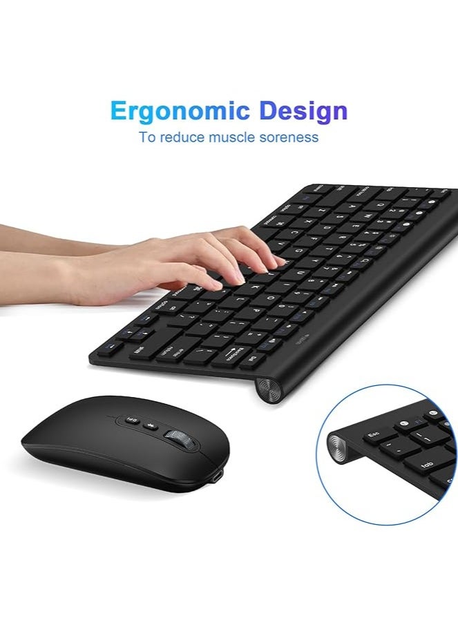 Bluetooth Keyboard Mouse Combo, Slim Portable Ergonomic Wireless Keyboard and Rechargeable Mouse Compatible with Laptop, iPad, Tablet, PC, Smartphone - Black