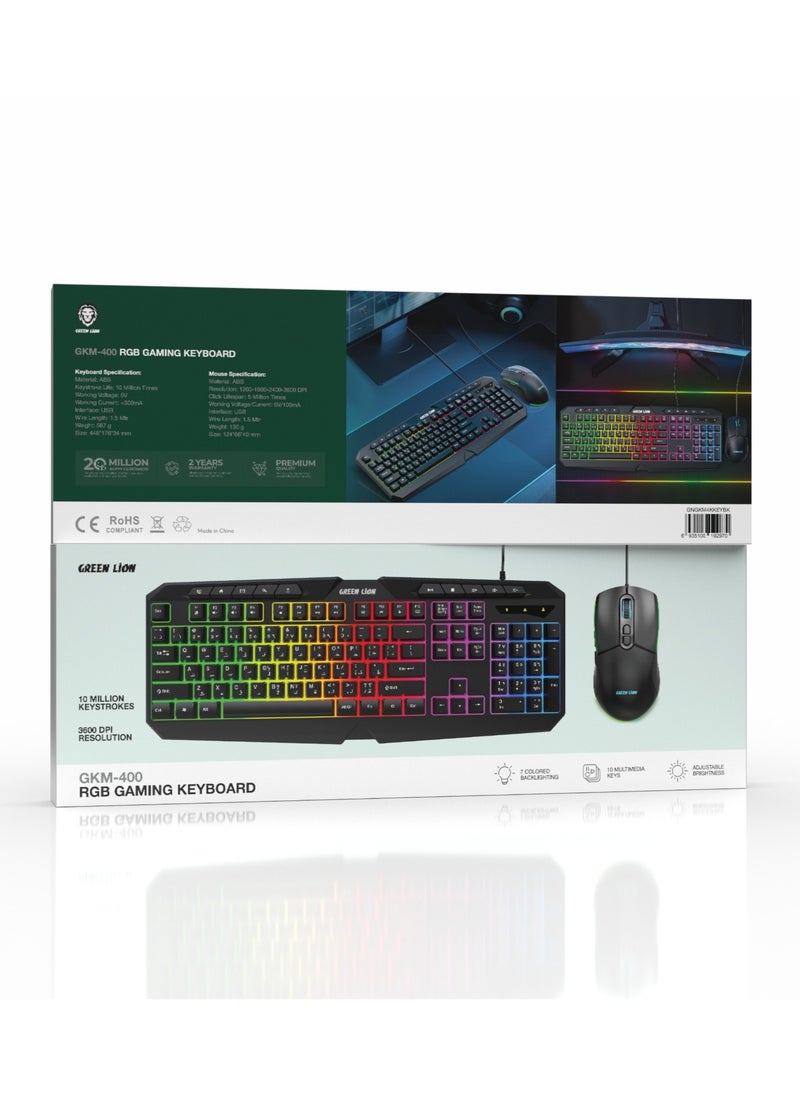 GK-400 RGB Gaming Keyboard & Mouse Set / 10 Multimedia Keys / 7 Color Backlighting / Adjustable Brightness / USB / Plug and Play / 3600 DPI Mouse /1.5m Wire - Black