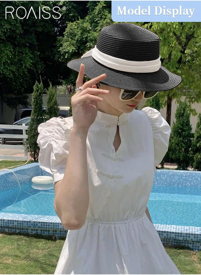 Holiday Straw Beach Hat for Women Wide Brim Bow Ribbon Boater Hat Flat Top Classic Sun Hat for Summer Black
