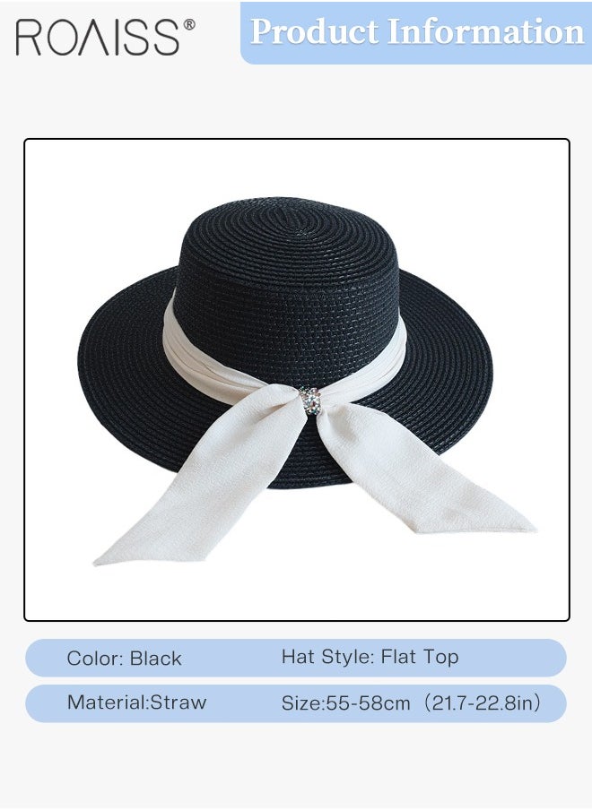 Holiday Straw Beach Hat for Women Wide Brim Bow Ribbon Boater Hat Flat Top Classic Sun Hat for Summer Black