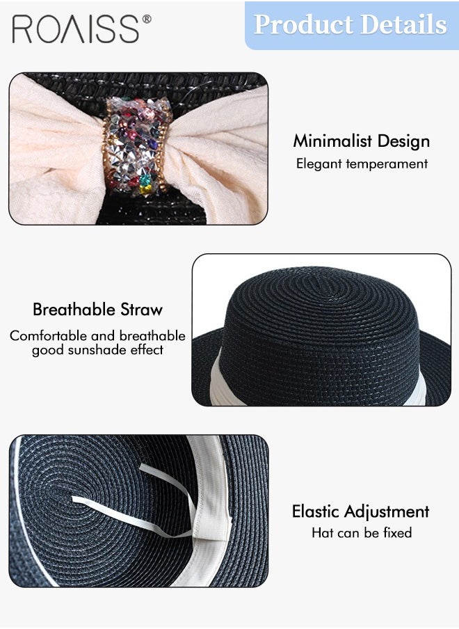 Holiday Straw Beach Hat for Women Wide Brim Bow Ribbon Boater Hat Flat Top Classic Sun Hat for Summer Black