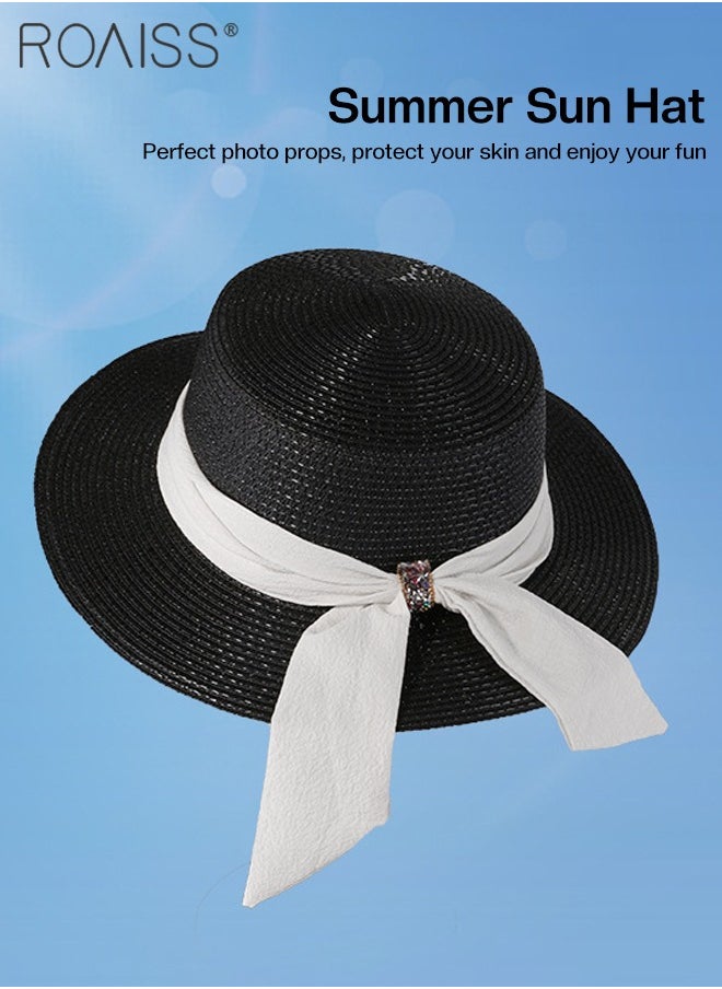 Holiday Straw Beach Hat for Women Wide Brim Bow Ribbon Boater Hat Flat Top Classic Sun Hat for Summer Black