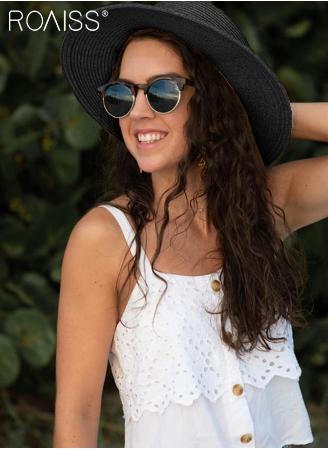 Holiday Straw Beach Hat for Women Wide Brim Bow Ribbon Boater Hat Flat Top Classic Sun Hat for Summer Black