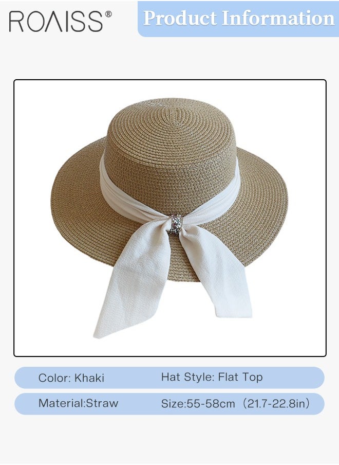 Holiday Straw Beach Hat for Women Wide Brim Bow Ribbon Boater Hat Flat Top Classic Sun Hat for Summer Khaki