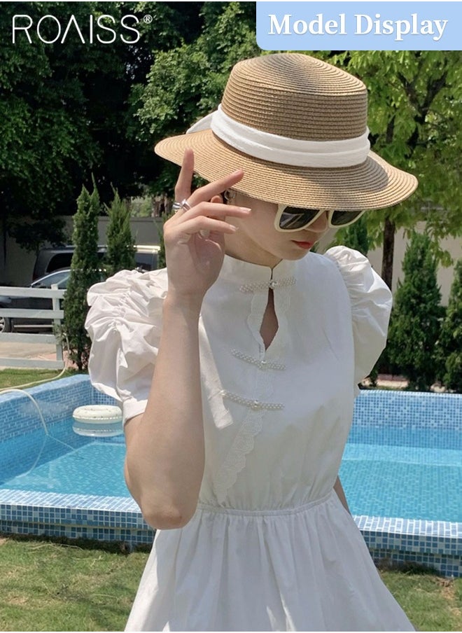 Holiday Straw Beach Hat for Women Wide Brim Bow Ribbon Boater Hat Flat Top Classic Sun Hat for Summer Khaki