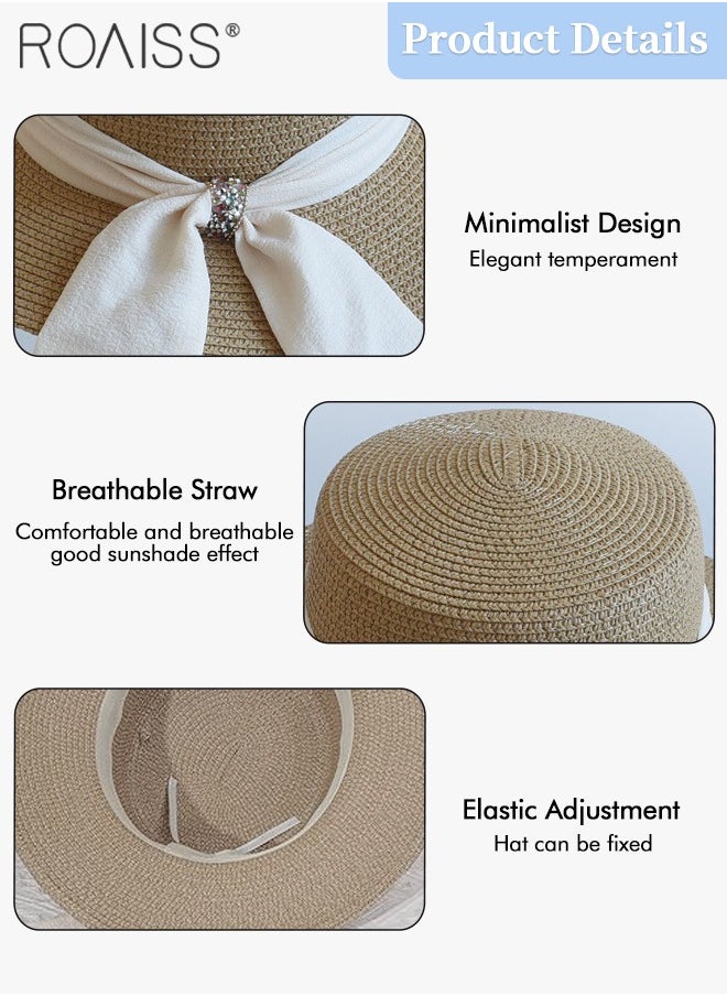 Holiday Straw Beach Hat for Women Wide Brim Bow Ribbon Boater Hat Flat Top Classic Sun Hat for Summer Khaki