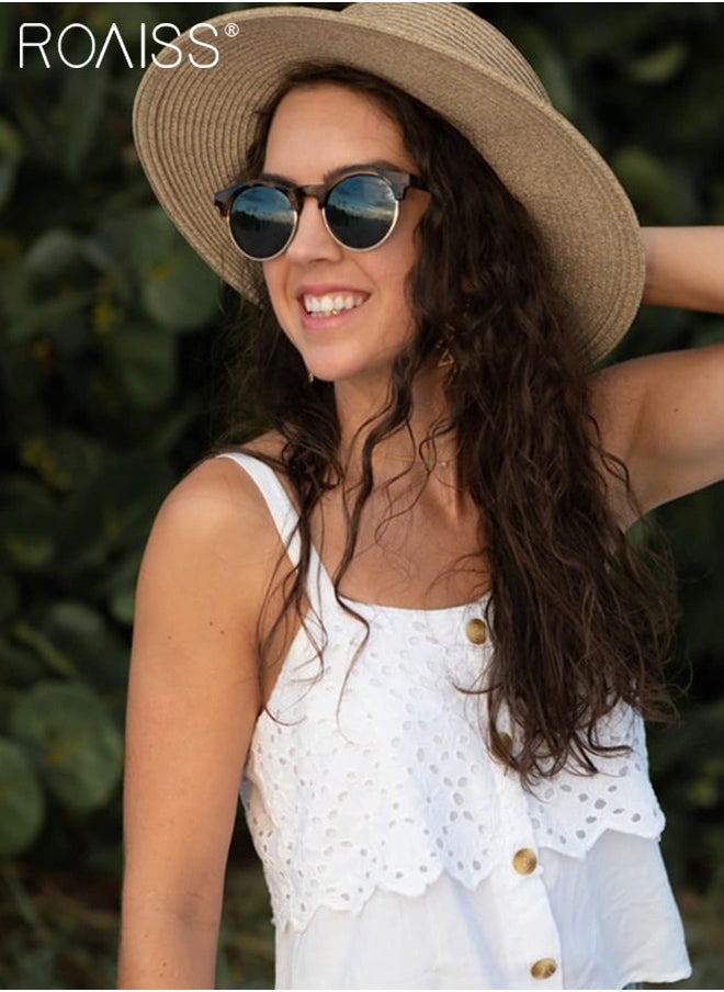 Holiday Straw Beach Hat for Women Wide Brim Bow Ribbon Boater Hat Flat Top Classic Sun Hat for Summer Khaki