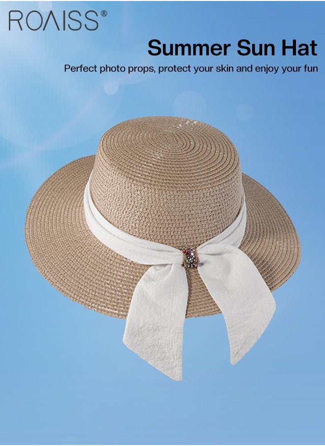 Holiday Straw Beach Hat for Women Wide Brim Bow Ribbon Boater Hat Flat Top Classic Sun Hat for Summer Khaki