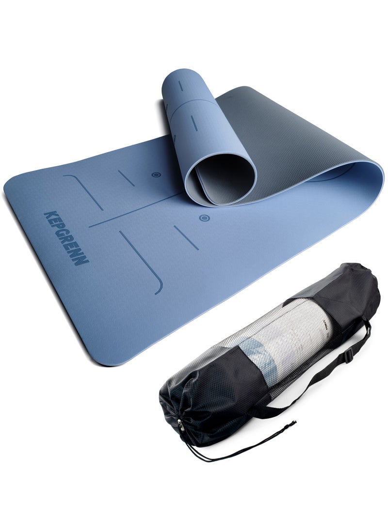 Yoga Mat, TPE Pilates Gym Exercise Mat Non-Slip Fitness Mat with Body Line and Carry Bag (Blue)