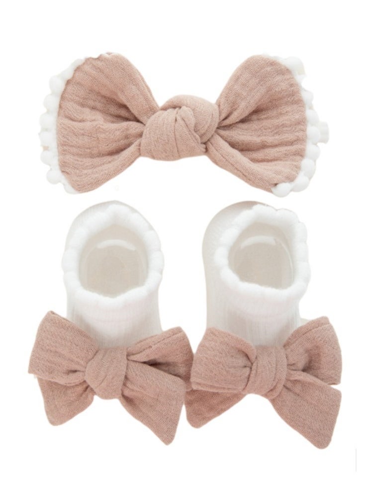 Bambimici - Anika Socks & Ribbon Bow Headband Set - Light Brown