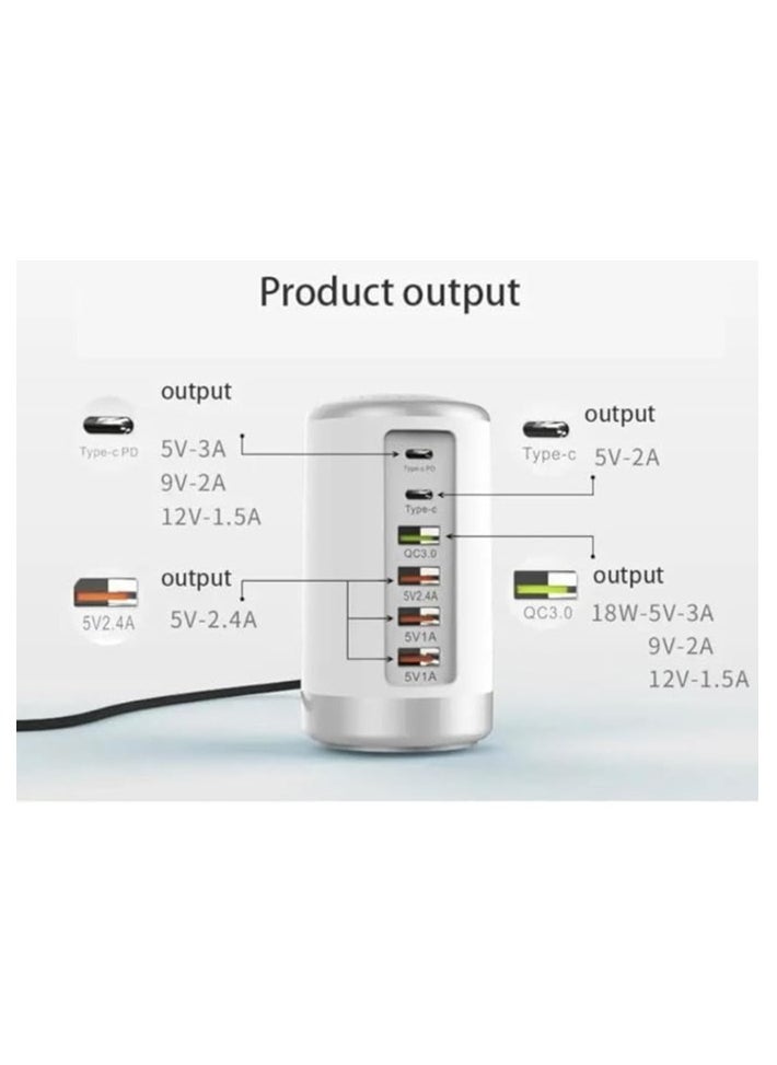 Desktop USB + C Type Charger Tower 65W 4A, USB Hub Charging Station for Multiple Devices, Portable Multi Port USB Charger Multi Adapter (6 port - White)