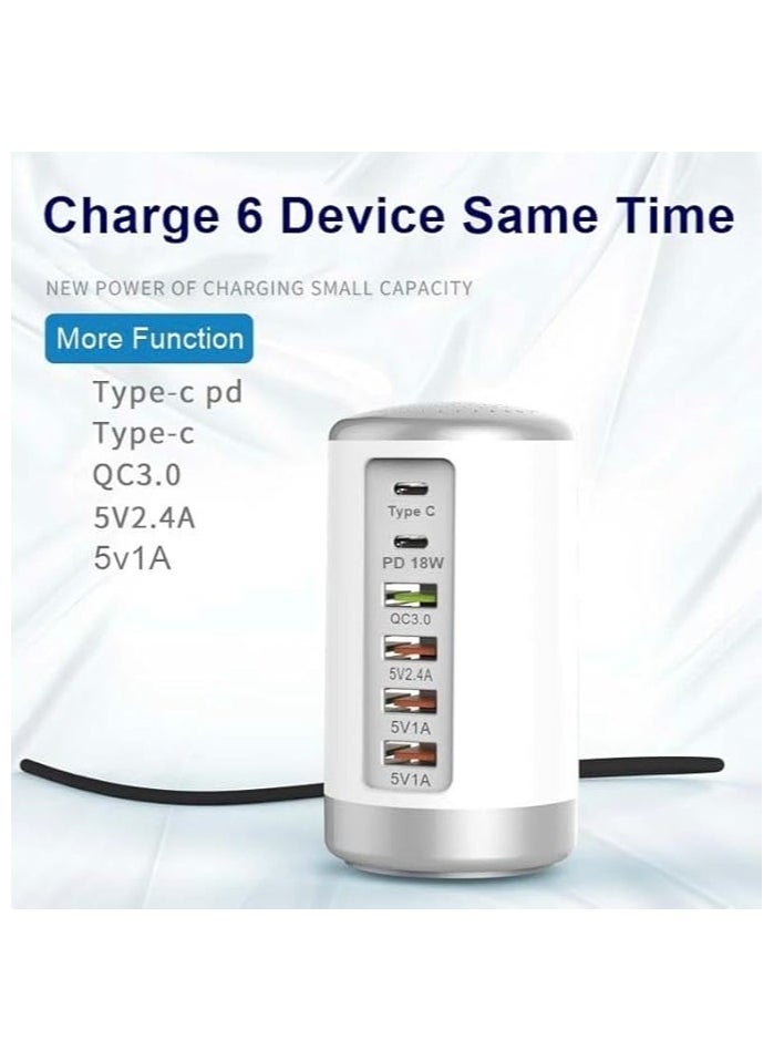 Desktop USB + C Type Charger Tower 65W 4A, USB Hub Charging Station for Multiple Devices, Portable Multi Port USB Charger Multi Adapter (6 port - White)