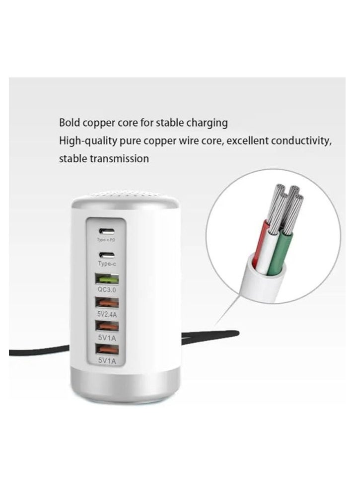 Desktop USB + C Type Charger Tower 65W 4A, USB Hub Charging Station for Multiple Devices, Portable Multi Port USB Charger Multi Adapter (6 port - White)